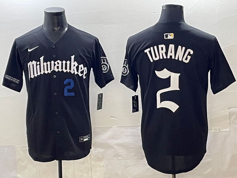 Men 2025 Milwaukee Brewers #2 Turang Black Five generations Joint Name Nike MLB Jersey style 7